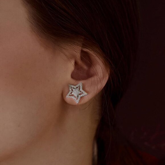 Sterling Silver Star Earrings for Women with Cubic Zirconia - Hypoallergenic, Da - Picture 5 of 7